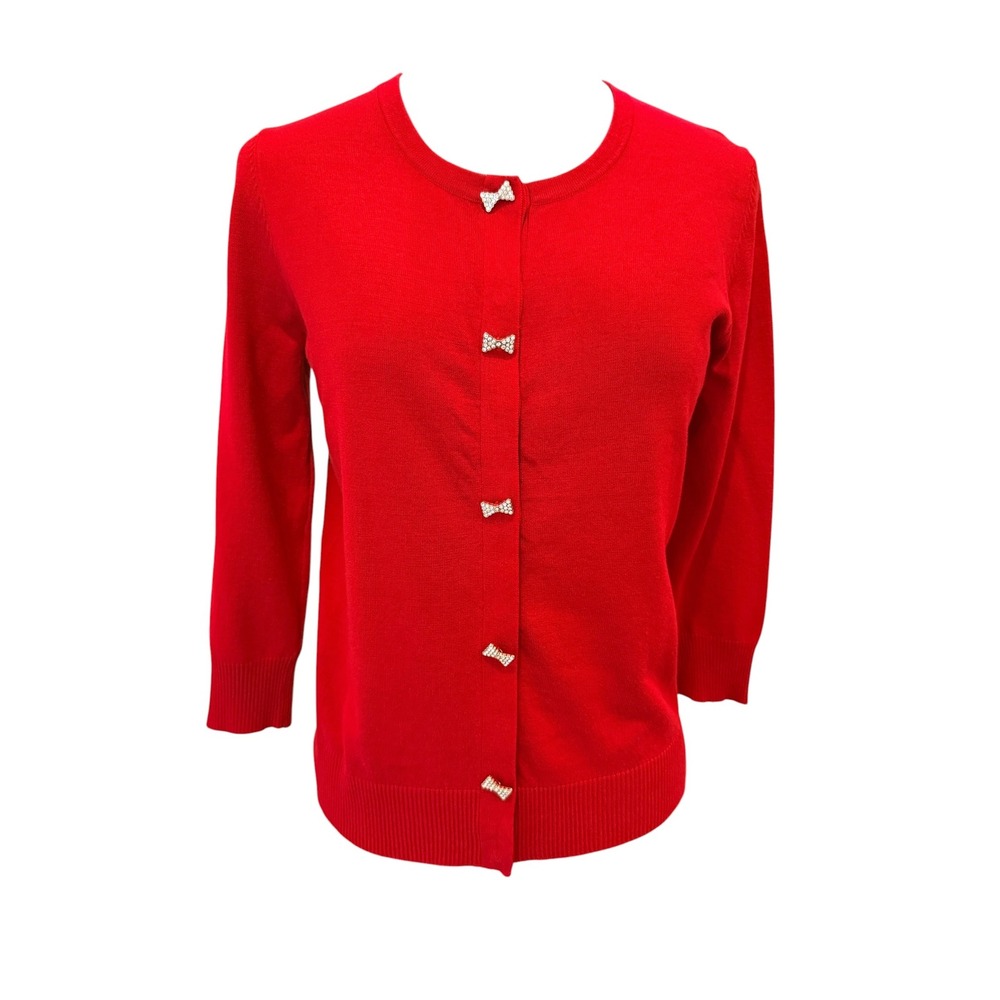Cable & Gauge Womens Red Cardigan Rhinestone Bow Button 3/4 Sleeve Sweater Small - Picture 3 of 9